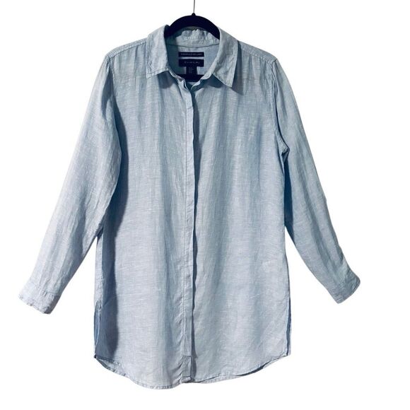 TAHARI M 100% linen tunic light blue roll tab long sleeves button front long shi - Picture 1 of 10